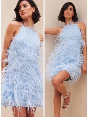 Cult Gaia Shannon Mini Dress Ice Blue Feathers SZ XS